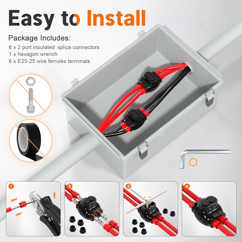 Joinfworld 2 Port Insulated Splice Connectors 2-14 AWG Aluminum to Copper Wire Connectors Dual Entry Black Electrical Cable Connectors with 5/32" Slotted Allen Hex - 6 Pack - size: 2-14 AWG