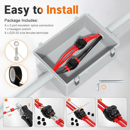 Joinfworld 2 Port Insulated Splice Connectors 2-14 AWG Aluminum to Copper Wire Connectors Dual Entry Black Electrical Cable Connectors with 5/32" Slotted Allen Hex - 6 Pack - size: 2-14 AWG