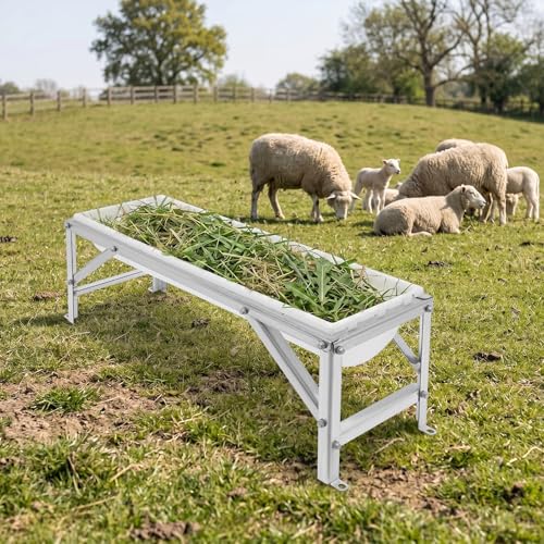 Livestock Feed Trough 9.25Gal, Long Large Capacity Feeder with Stand for Goat Sheep Pig Horse, Heavy Duty Galvanized Frame Hay Feeder, 40.55 x 12.99 x 14.37 inch (White) - color: White
