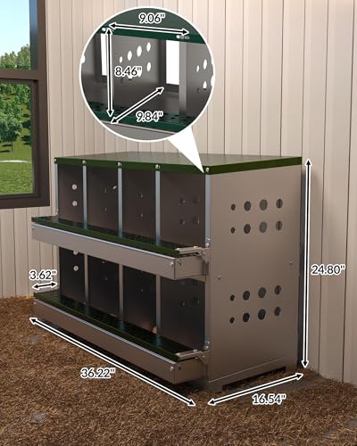 Metal Chicken Nesting Boxes - 8 Hole Wall-Mountable Laying Boxes with Lid & Roll-Away Egg Collection, Weatherproof Galvanized Steel, Includes 8 Fake Eggs for Chicken Coop, Green - color: Green, size: 8 Compartment