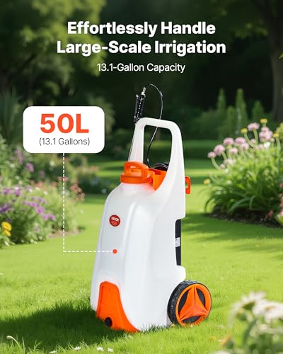 VEVOR 13.1 Gallon Battery Powered Sprayer with Wheels, Adjustable 0-80 PSI, 5 Nozzles and 98ft Hose Included, Orange - size: 13.1 Gal