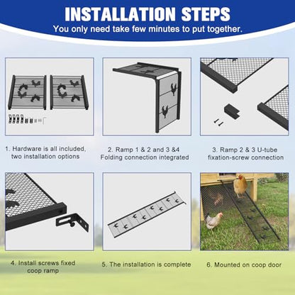 Chicken Coop Ramp 52.5''L, Ladder Length Adjustable for Henhouse, Heavy Duty Metal Coop Steps for Feet Problem or Cannot Fly Chickens, Waterproof, Non-Slip, Rustproof, Sturdy and Easy to Clean - size: 52.5*11.1 inch