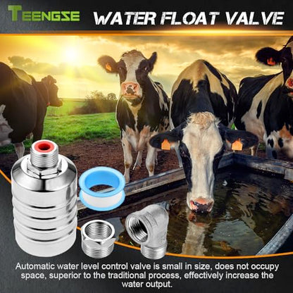 2PCS 304 Stainless Steel Float Valve Kit – Auto Water Level Control for Tanks & Livestock Troughs, Includes 1/2" Straight + 3/4" Elbow Brass Fittings & Adjustable Silicone Feed Strips (0.2–10 bar)