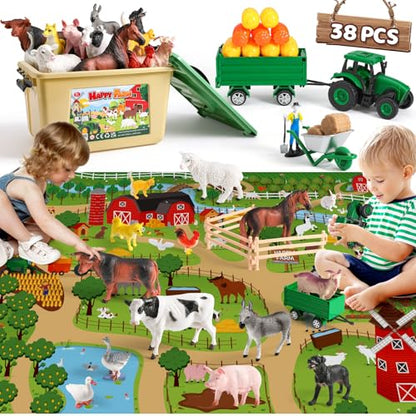 Farm Animal Toys for Toddlers,38 PCS Realistic Animal Figurines Toys with 47.2”x31.4” Large Activity Play Mat and Tractor Toy,Farm Playset Educational Learning Toy for Toddlers Kids 3-5
