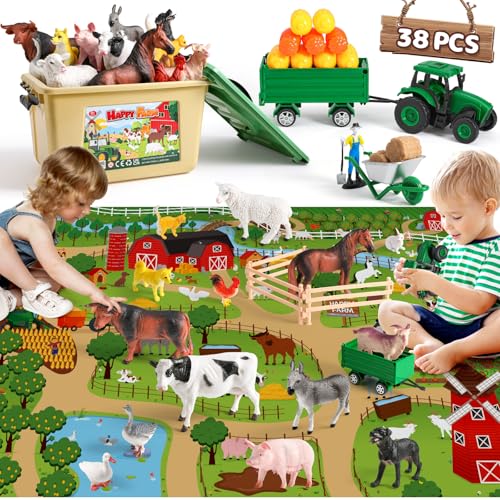 Farm Animal Toys for Toddlers,38 PCS Realistic Animal Figurines Toys with 47.2”x31.4” Large Activity Play Mat and Tractor Toy,Farm Playset Educational Learning Toy for Toddlers Kids 3-5