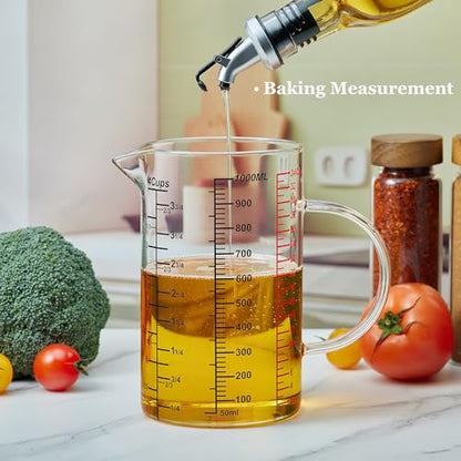 Ackers BORO3.3 Glass Measuring Cup-[Insulated handle | V-Shaped Spout]-Made of High Borosilicate Glass Measuring Cup for Kitchen or Restaurant, Easy to Read, 1000 ML (32 Oz, 4 Cup) - size: 1000ml/32OZ