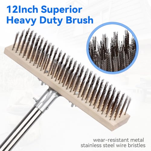 Heavy Duty Wire Broom with 70.8" Telescopic Handle: Stainless Steel Outdoor Broom for Cleaning Moss Concrete Floors Grout Gardens Patio Deck Concrete Garage (Style 2) - color: Apricot- 70.8 Inch