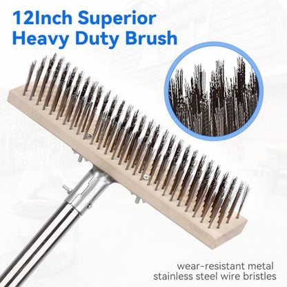 Heavy Duty Wire Broom with 70.8" Telescopic Handle: Stainless Steel Outdoor Broom for Cleaning Moss Concrete Floors Grout Gardens Patio Deck Concrete Garage (Style 2) - color: Apricot- 70.8 Inch