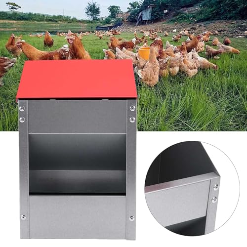 Wall Mounted Chicken Feeder, Hanging Automatic Poultry Feeder with Lid, Metal Wall Chicken Feeders No Waste Weatherproof for Outside Coop Quail Ducks Turkeys