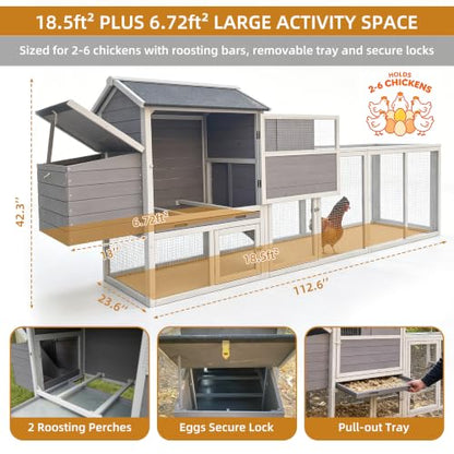 Wooden Chicken Coop with Run 112.6" Large Poultry Cage with Hardware Cloth | Chicken House for 2-6 Chickens with 2 Nesting Boxes, Pull-out Tray, Sun Roof Weather Resistant Roof