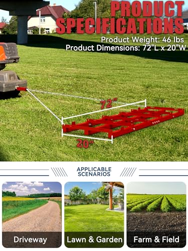 6ft Heavy Duty Drag Harrow for ATV, UTV, Tractor - Adjustable Tow Behind Leveling Rake with Weight Tray for Driveway Grader, Lawn, Field, Pasture, Food Plot Maintenance, Red(72 inch) - size: 6 ft