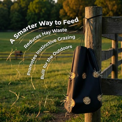 Horse Feed Bag - Large Capacity 600D Tear Resistant Fabric with Hanging Rope and Reinforced Metal Connection - Slow Feeder for Horses Goats and Sheep Used in Stalls Barns or Trailers