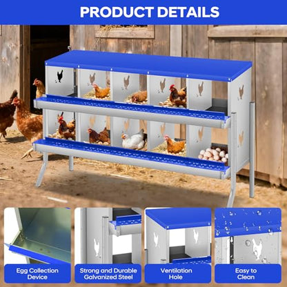 GarveeLife Chicken Nesting Box, 10 Compartments Nesting Box for Chickens, Two-Tier Galvanized Steel Chicken Egg Laying Box with Large Vented Holes Wall Mounting for Easy Egg Collection - color: Blue | 10 Compartments
