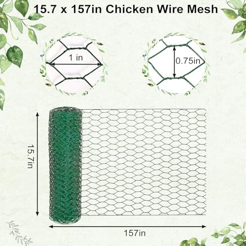 Chicken Wire for Floral Arrangements 15.7 x 157 in, Green PVC Coated Hexagonal Netting, Rust-Proof Garden Fence for DIY Crafts & Plant Protection, Ideal for Florists, Crafters & Gardeners
