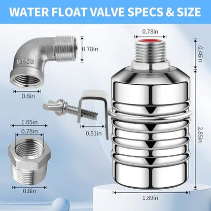 2Pcs Aquapulse Water Float Valve, Automatic Water Level Control Float Valves, 1/2Inch to 3/4Inch Stainless Steel Auto Water Shutoff System for Water Tanks, Tower, Pool, Livestock Troughs, Garden Hose - size: 2Pcs