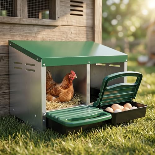2 Compartment Roll Out Chicken Nesting Box, Metal Poultry Hen Laying Box with Sloped Plastic Trays and Perch, Easy Egg Collection Nest Box for Chicken Coop, Green & Silver