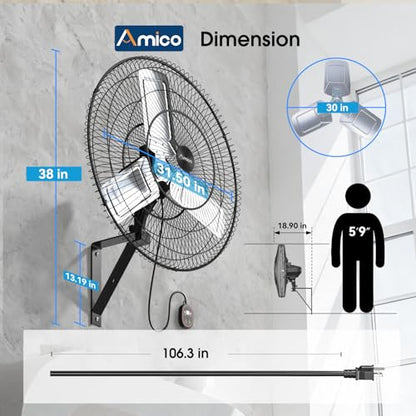 Amico 30 Inch Wall Mounted Fan with Remote Control, Brushless DC Motor, 8 Speeds, High Velocity Whisper-Quiet, Outdoor Oscillating Waterproof Shop Fan with Timer for Gym, Patio,Garage, Warehouse - size: 30 inch