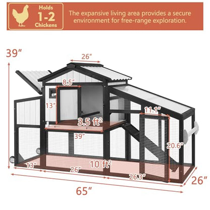 Ketive 65" L Chicken Coop with Wheels for 1–2 Chickens, Outdoor Wooden Hen House with Run, Leakproof Pull-Out Tray, UV-Resistant Panel Roof, 2 Nesting Box,Poultry Cage Chicken Hutch for Backyard Yard - size: 65.0"L x 26.0"W x 39.0"H