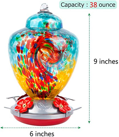 REZIPO Hummingbird Feeder with Perch - Hand Blown Glass - 38 Fluid Ounces Hummingbird Nectar Capacity Include Hanging Wires and Moat Hook (Half Green) - color: Half Green