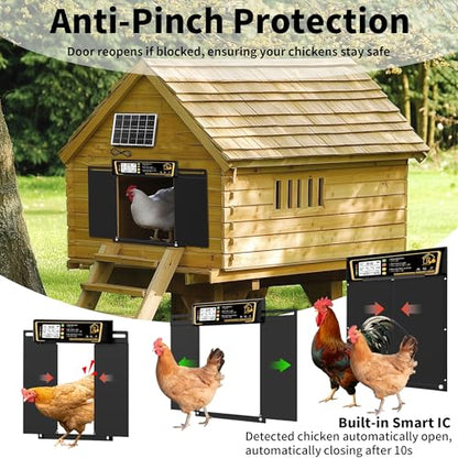 Large Automatic Chicken Coop Door Solar Powered, Charge with 7W Solar Panel Auto Chicken Door, Aluminum Electric Poultry Door with Time & Light Sensor, Remote Control
