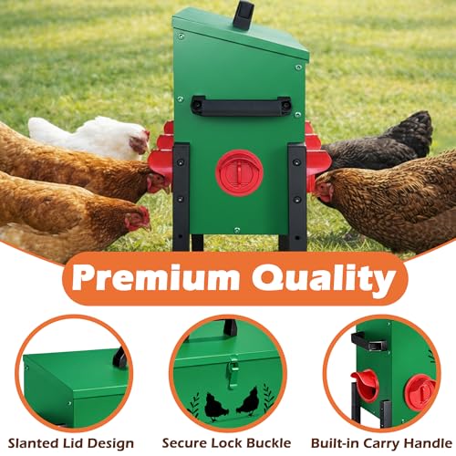 48 LB Large Automatic Chicken Feeder, No Waste Metal Poultry Feeder with 8 Ports, Weatherproof Outdoor Dispenser with Adjustable Legs & Locking Lid for Backyard Chickens, Green
