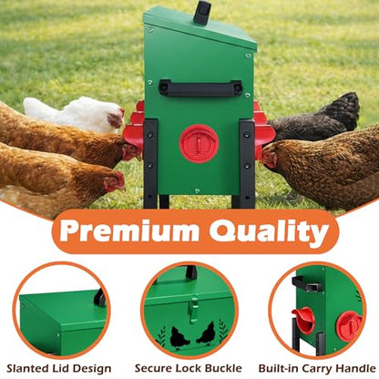 48 LB Large Automatic Chicken Feeder, No Waste Metal Poultry Feeder with 8 Ports, Weatherproof Outdoor Dispenser with Adjustable Legs & Locking Lid for Backyard Chickens, Green