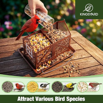 Kingsyard Metal Bird Feeder for Outdoors Hanging, 2-in-1 Wild Bird Feeder with Seed Tray & Built-in Perch, 5 lb Large Capacity for Cardinal Chickadee Finch, Bronze - color: Bronze