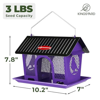 Kingsyard Bird Feeder for Outdoors Hanging, Dual-Use Metal Mesh Wild Bird Feeders with Seed Tray & Weatherproof Roof, 3 lbs Large Capacity, Purple - color: Purple