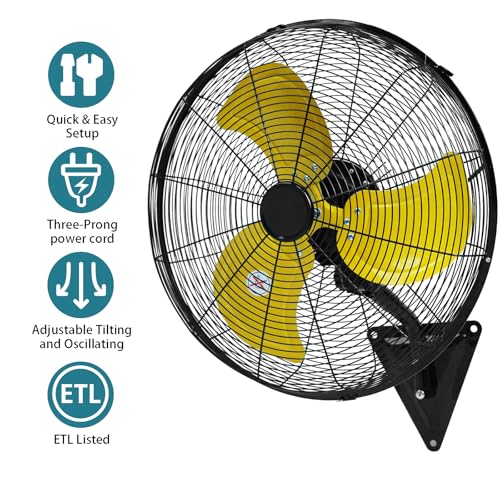 AZOUTDOOR Wall Mount Fan, 20" Oscillating Wall Fan with 7000CFM, 3-Speed, Upgrade Motor High Velocity Industrial Fans for Commercial, Garage, Residential and Patio Use, Yellow - color: Yellow 20"