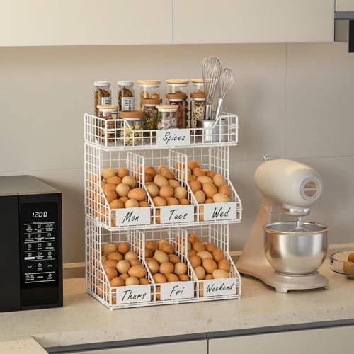 X-cosrack Egg Holder Countertop, 3 Tier Egg Rack with Labels Dividers to Separate Eggs, Stackable Wire Baskets for Fresh Egg, XXL Egg Dispenser for Countertop/Wall-Mounted, White (Patent Pending) - color: White