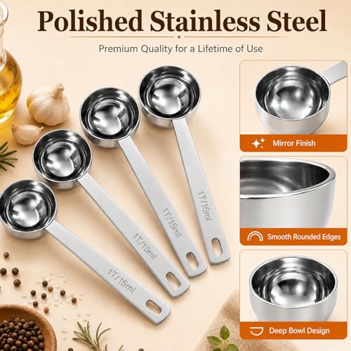 4 Pack Coffee Scoop Spoons, 2 Tbsp (30ml) Stainless Steel Measuring Spoons with Long Handle, Polished Round Metal Scoops for Ground Coffee, Protein Powder, Tea, Sugar and Baking - size: 2Tbsp/4pcs