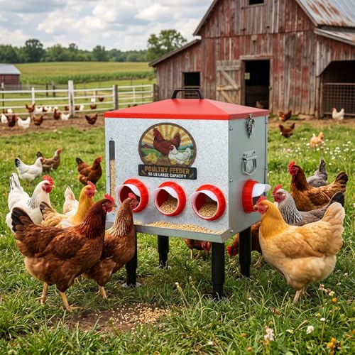 55lbs Automatic Chicken Feeder Large Capacity - 8 Feeding Ports, Galvanized Steel Rainproof Chicken Feeder, Height-Adjustable Legs & Secure Locking Lid for Chickens, Ducks & Poultry