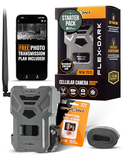 SPYPOINT Flex-Dark Starter Pack Cellular Trail Camera, 40MP Photos and 1080p Videos w/Sound, Double the Battery Capacity, GPS-Enabled, Dual-SIM LTE Connectivity, 100' Flash & Detection Range - color: Starter Pack- SD, size: Pack of 1