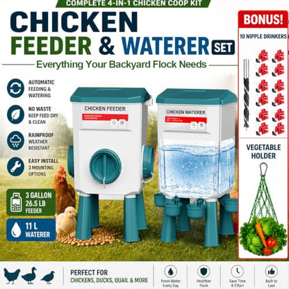 Chicken Feeder and Waterer Set, Automatic No Waste Poultry Feeding System, 26.5 lb Feeder & 11L Waterer, 4-in-1 Chicken Coop Kit with Vegetable Holder for Chickens, Ducks & Quail - size: 3 Gallon Upgraded