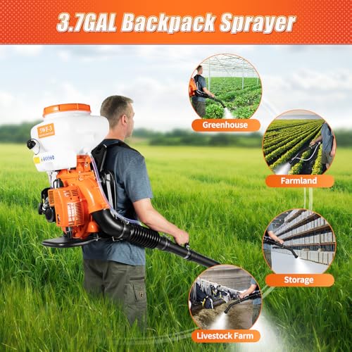 3.7 Gallon Backpack Sprayer, Gas-Powered Sprayer with 2.13kW 2-Stroke Engine, 39.4ft Range Agricultural Sprayer, Heavy-Duty Knapsack Mist Duster for Garden, Farm,Weed & Fertilizer Spraying