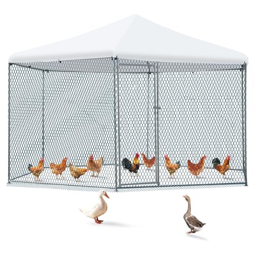 Outvita Large Metal Chicken Coop, Hexagon Walk in Chicken Run for Yard with Waterproof Cover, 13 x 11.4 x 8.6FT, Heavy Duty Steel Frame, Large Poultry Cage for Dog Kennel, Duck Coop and Hen House - color: Silver, size: 156.0"L x 136.8"W x 103.2"H