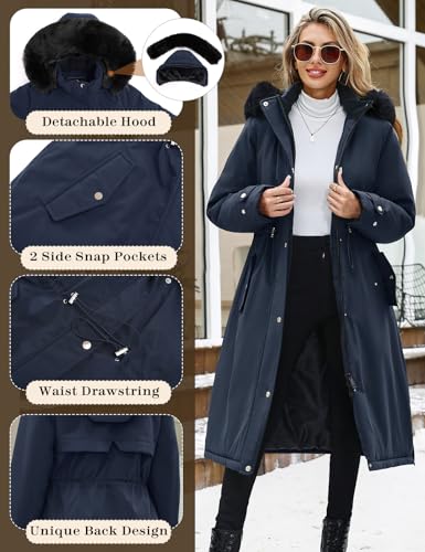 Womens Long Puffer Winter Coats Fleece Jacket Down Parka Warm Overcoat Thicken Quilted Jacket Removable Fur Coat - color: Navy, size: Small