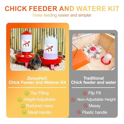 2-in-1 Chick Starter Set: 0.4 Gal Top Filling Feeder and 0.4 Gal Waterer with Adjustable Legs for Baby Chicks, Includes Scoop, Hanging Hooks, Anti-Drown Design (Red) - size: 0.4Gal Feeder & 0.4Gal Waterer