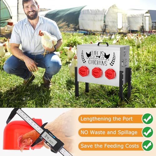 TGEYD 30 lb Chicken Feeder with 6 No-Waste Ports – Heavy-Duty Outdoor Metal Feeder with Adjustable Height, Locking Lid & Riveted Handles – Rustproof Feed Box for Poultry & Backyard Chickens - color: Rose-bengal