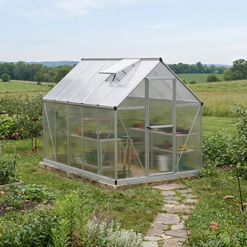 Palram - Canopia 6x10 Greenhouse Kit, Hobby Walk-In Twin-Wall UV Polycarbonate Heavy Duty Aluminum Frame, Lockable Door, Adjustable Roof Vent, Rain Gutters, Galvanized Steel Base, Mythos (Silver) - color: Silver, size: 6 Ft. x 10 Ft.