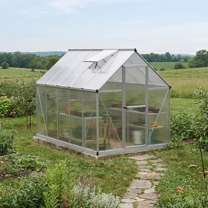 Palram - Canopia 6x10 Greenhouse Kit, Hobby Walk-In Twin-Wall UV Polycarbonate Heavy Duty Aluminum Frame, Lockable Door, Adjustable Roof Vent, Rain Gutters, Galvanized Steel Base, Mythos (Silver) - color: Silver, size: 6 Ft. x 10 Ft.