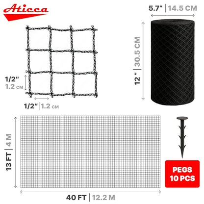 ATICCA Heavy Duty Bird Netting for Garden Protection & Fruit Trees, 13x40 Ft with 10 Stakes – Black Anti-Bird Net for Poultry, Deer, & Squirrel Protection, Durable Mesh for Garden and Yard Use - size: 13x40 Ft Bird Netting