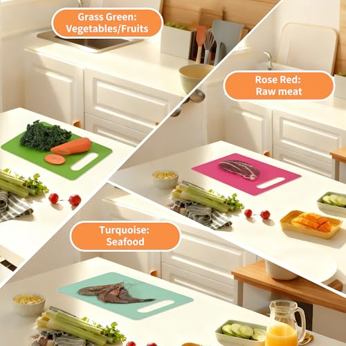 Luckyiren Cutting Board Set of 4, 11.4" x 7.5" x 0.1", Red Green Yellow White, Plastic Kitchen Cutting Boards with Juice Groove & Handle Hole, Lightweight & Dishwasher Safe - color: Macaron; 6-Pack