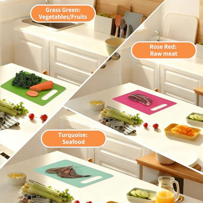 Luckyiren Cutting Board Set of 4, 11.4" x 7.5" x 0.1", Red Green Yellow White, Plastic Kitchen Cutting Boards with Juice Groove & Handle Hole, Lightweight & Dishwasher Safe - color: Macaron; 6-Pack