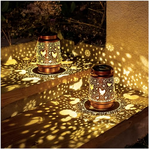 2 Pack Solar Chicken Lanterns Outdoor Waterproof Hanging Lights for Garden Decor, Yard, Patio, Lawn, Tabletop, Pathway, Landscape - Metal Decorative LED Gifts for Women Men - style: 2 Pack Chicken