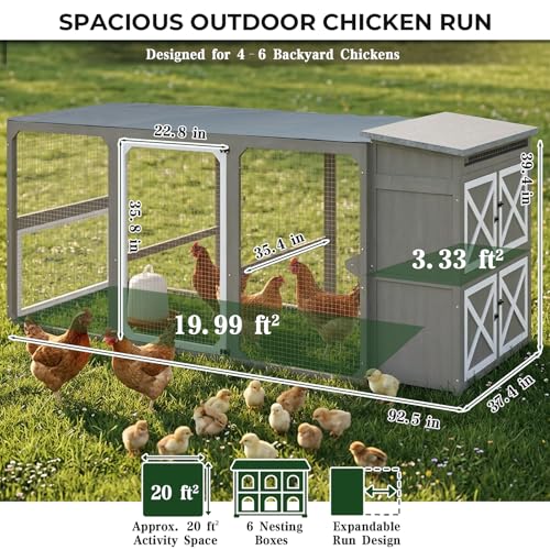 Gowoodhut Large Chicken Run with Nesting Boxes for 4-6 Chickens, Wooden-Framed Outdoor Chicken Coop with Reinforced Wire Mesh, Expandable Poultry Enclosure, Shade Cover & Perches, Grey - size: PET28-Grey