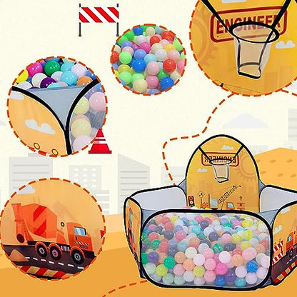 Kids Ball Pit, Pop Up 3+Children Play Tent, Toddler Ball Pool Baby Crawl Playpen with Basketball Hoop, Portable Toys for Girls Boys, 4 ft / 120 cm, Balls Not Included, Engineering Car - style: Engineering Car