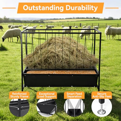 70 Gallon Pasture Hay Feeder, Heavy-Duty 2-in-1 Livestock Feeder with Grain Trough, Galvanized Steel Hay Rack for Goats, Sheep, Calves & Miniature Horses, Weather Resistant Farm Manger