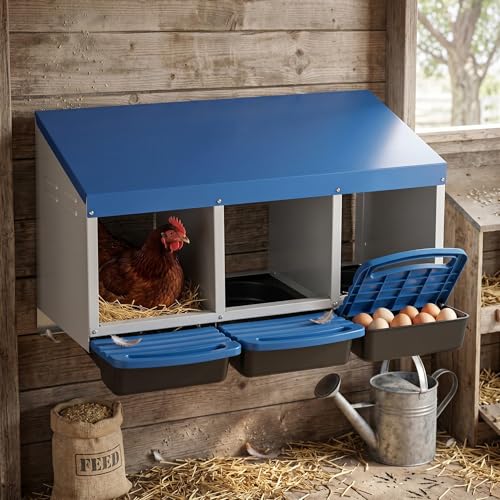Metal Chicken Nesting Box - Heavy Duty Roll Away Nesting Boxes for Chickens Coop with Easy-Collect Tray & Lid, 3 Hole Galvanized Steel Egg Laying Boxes for Hens Ducks, Wall Mount or Freestanding - color: Blue, size: 3 Holes