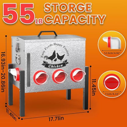 10gal 55LB Large Automatic Chicken Feeder with Window - 8 Port No Waste Design, Rust-Proof Alloy Steel with Locking Lid & Adjustable Legs, Waterproof Silo for Hens, Ducks, Geese, Poultry (silver) - size: 10GAL-55LB
